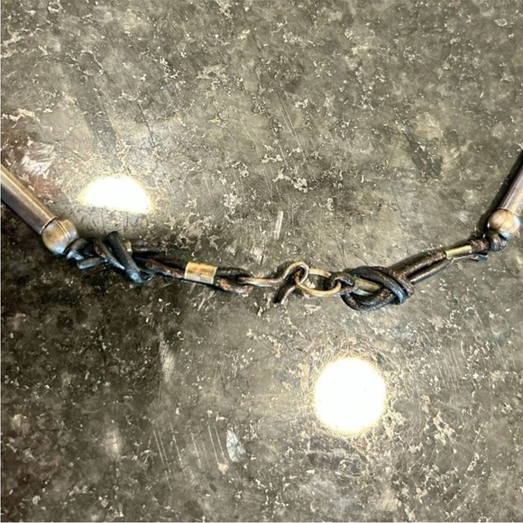 Vintage Mid-Century Modern MCM Boho Bohemian Art Deco Brass Leather Bib Necklace - Picture 6 of 8